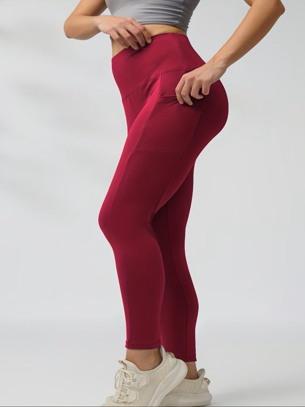 Premium Soft High Waisted 7/8 Length Active Leggings w/Pockets Burg Red Small